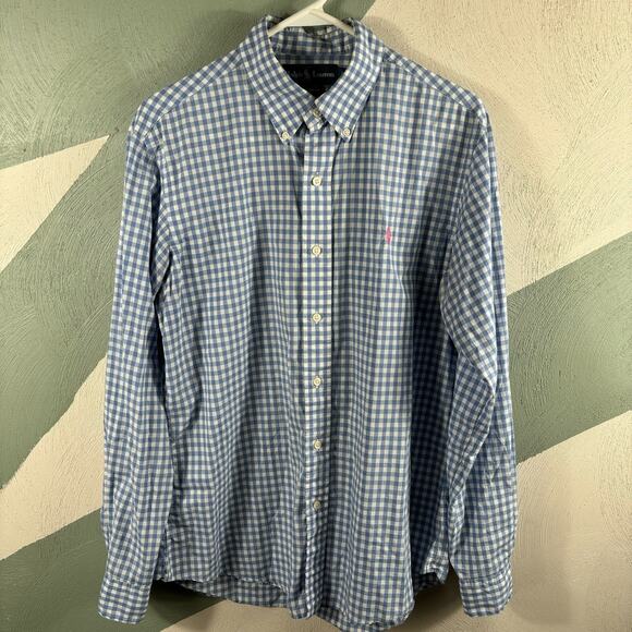 Polo Ralph Lauren Men Long Sleeve Button Down Shirt Medium Blue/ White Checkered - Picture 8 of 9